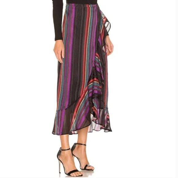 House of Harlow Wrap Skirt Revolve Clementine Black Neutral Stripe Ruffle XS - Picture 1 of 6